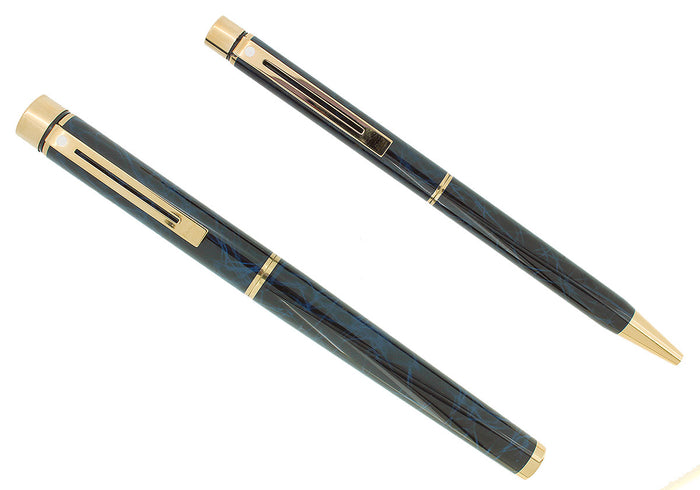 C1996 SHEAFFER TARGA LAQUE COBALT BLUE RONCE FINE NIB FOUNTAIN PEN & BALLPOINT SET MINT OFFERED BY ANTIQUE DIGGER