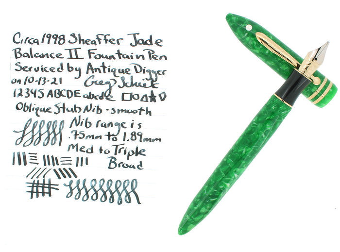 C1998 SHEAFFER JADE BALANCE II FOUNTAIN PEN MINT IN BOX 18K OBLIQUE STUB NIB OFFERED BY ANTIQUE DIGGER