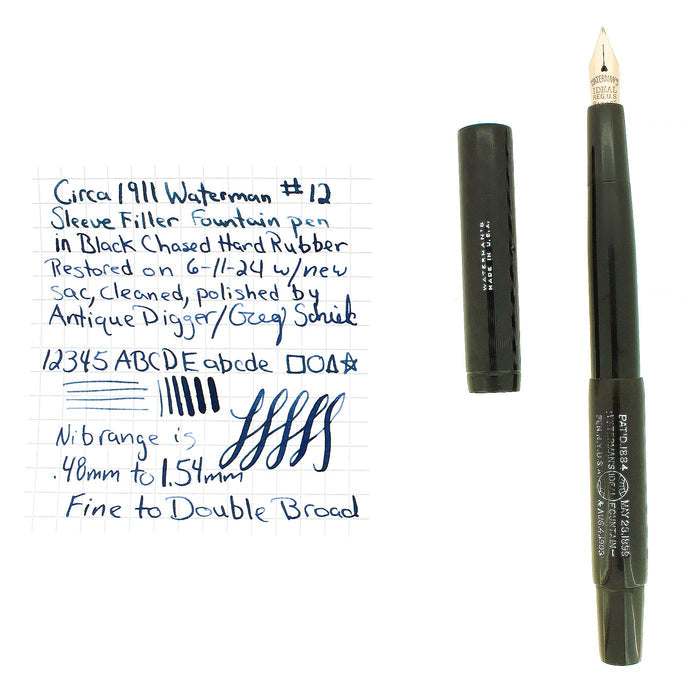 CIRCA 1911 WATERMAN #12 BCHR SLEEVE FILLER FOUNTAIN PEN F-BB FLEX NIB RESTORED OFFERED BY ANTIQUE DIGGER