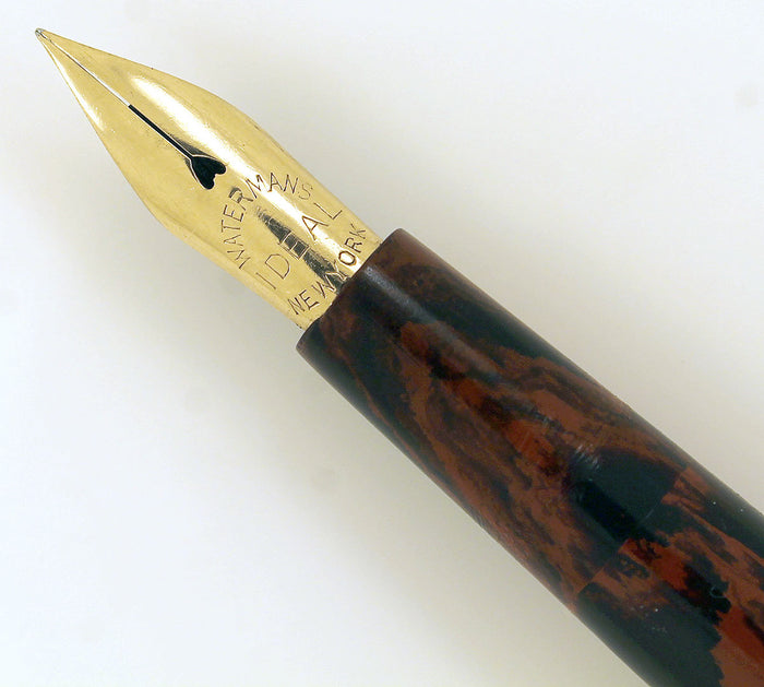 CIRCA 1915 WATERMAN #12 RED MOTTLED INK DROPPER FOUNTAIN PEN WITH XF to 2.6MM+ FLEXIBLE NIB