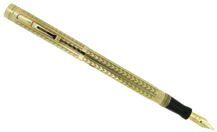 CIRCA 1924 WAHL GOLD FILLED CHEVRON PATTERN FOUNTAIN PEN F-BBB+ FLEX NIB RESTORED OFFERED BY ANTIQUE DIGGER