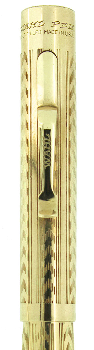 CIRCA 1924 WAHL GOLD FILLED CHEVRON PATTERN FOUNTAIN PEN F-BBB+ FLEX NIB RESTORED OFFERED BY ANTIQUE DIGGER