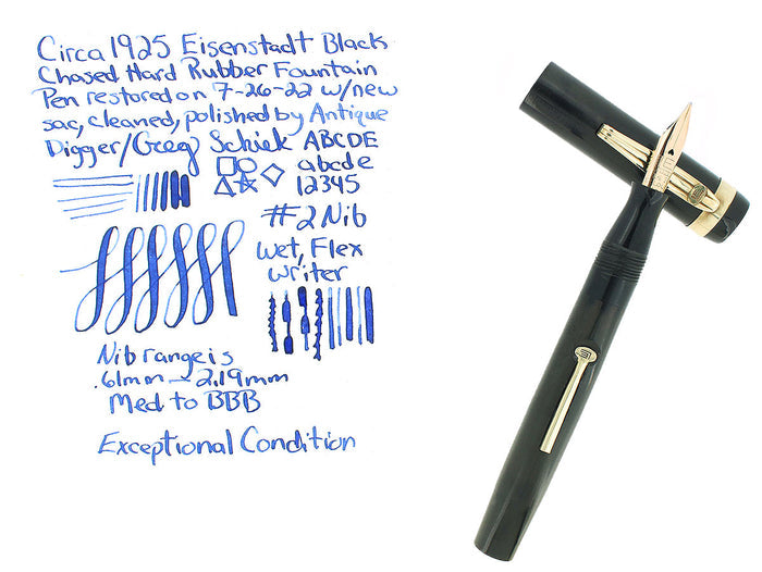 CIRCA 1925 EISENSTADT #2 BLACK CHASED HARD RUBBER FOUNTAIN PEN RESTORED OFFERED BY ANTIQUE DIGGER