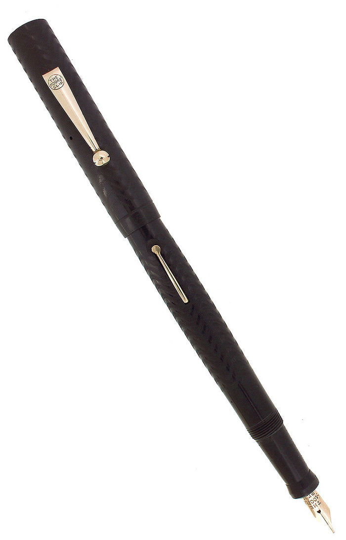 CIRCA 1925 MOORE L-92X BLACK CHASED HARD RUBBER STUB NIB FOUNTAIN PEN RESTORED NEAR MINT OFFERED BY ANTIQUE DIGGER