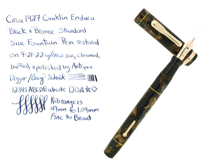 CIRCA 1927 CONKLIN ENDURA BLACK BRONZE FOUNTAIN PEN RESTORED OFFERED BY ANTIQUE DIGGER