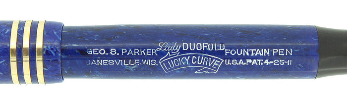 CIRCA 1929 PARKER DUOFOLD LAPIS WHITE ON BLUE FOUNTAIN PEN LUCKY CURVE NEAR MINT OFFERED BY ANTIQUE DIGGER