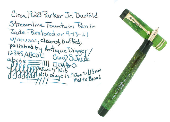 CIRCA 1929 DUOFOLD JR JADE FOUNTAIN PEN BROAD NIB RESTORED OFFERED BY ANTIQUE DIGGER
