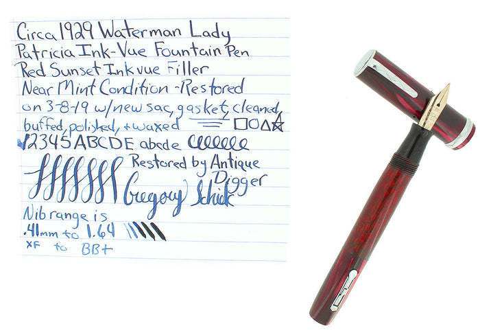CIRCA 1929 WATERMAN LADY PATRICIA INK VUE SUNSET RED FOUNTAIN PEN RESTORED OFFERED BY ANTIQUE DIGGER