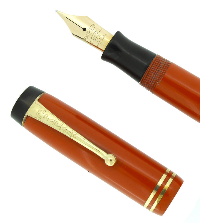 CIRCA 1930 PARKER DUOFOLD SENIOR STREAMLINE RED DUOFOLD FOUNTAIN PEN RESTORED OFFERED BY ANTIQUE DIGGER