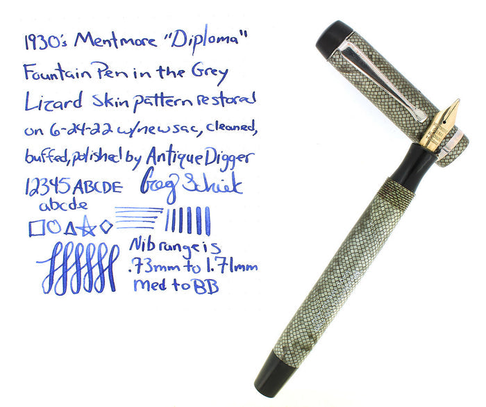 CIRCA 1930S MENTMORE DIPLOMA LIZARD PATTERN FOUNTAIN PEN RESTORED OFFERED BY ANTIQUE DIGGER