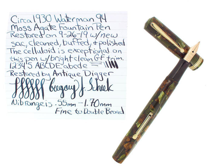 CIRCA 1930S WATERMAN 94 MOSS AGATE FOUNTAIN PEN F-BB FLEX 14K #4 NIB RESTORED OFFERED BY ANTIQUE DIGGER