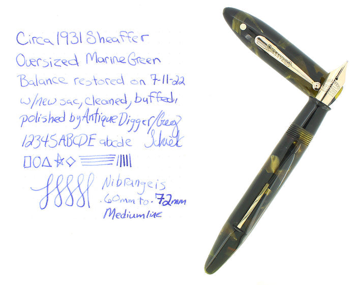 CIRCA 1931 SHEAFFER OVERSIZE BALANCE MARINE GREEN FOUNTAIN PEN RESTORED OFFERED BY ANTIQUE DIGGER