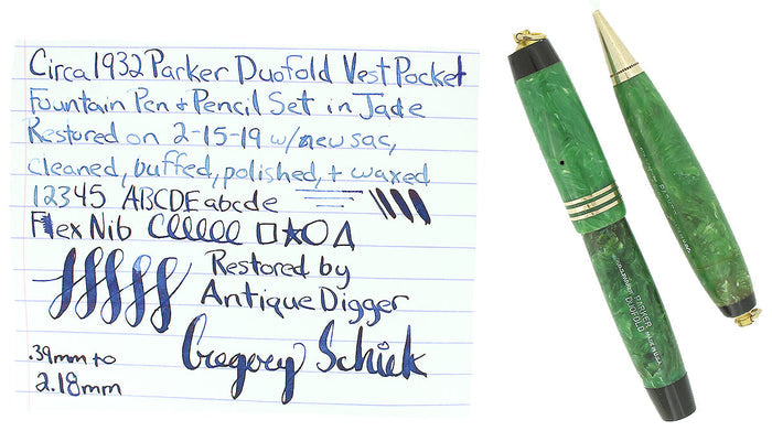 CIRCA 1932 DUOFOLD JADE VEST POCKET FOUNTAIN PEN & PENCIL SET XF-BBB+ NIB RESTORED OFFERED BY ANTIQUE DIGGER