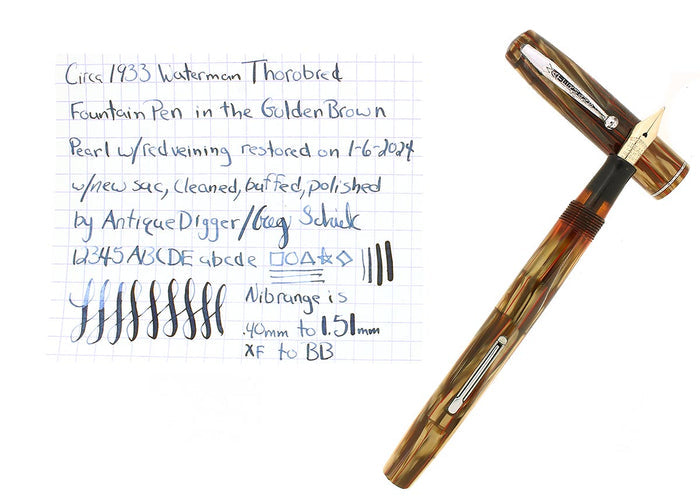 CIRCA 1933 WATERMAN THOROBRED GOLDEN PEARL BRONZE W/RED VEINS FOUNTAIN PEN RESTORED OFFERED BY ANTIQUE DIGGER