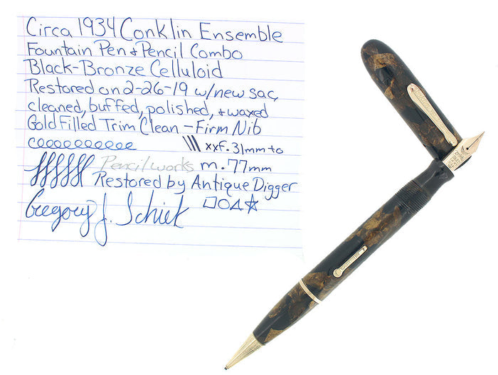 CIRCA 1934 CONKLIN ENSEMBLE BLACK BRONZE FOUNTAIN PEN PENCIL COMBO RESTORED OFFERED BY ANTIQUE DIGGER