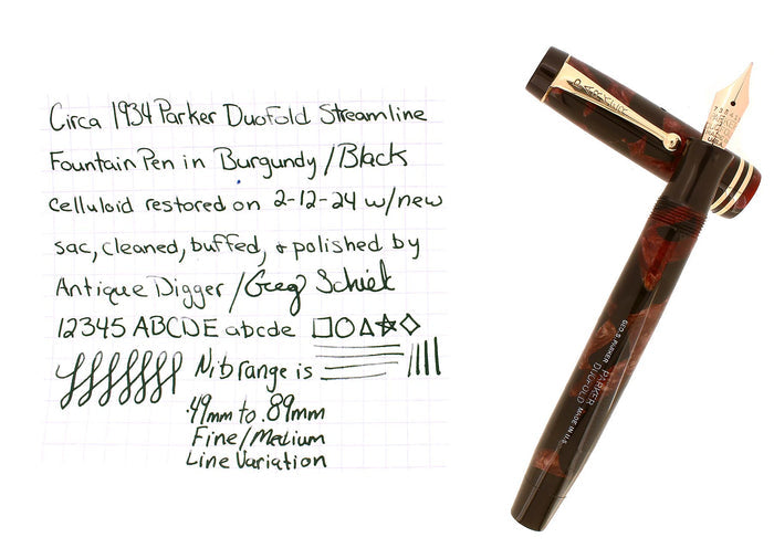 CIRCA 1934 PARKER JR STREAMLINE DUOFOLD BURGUNDY BLACK FOUNTAIN PEN RESTORED OFFERED BY ANTIQUE DIGGER