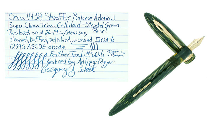 CIRCA 1938 SHEAFFER BALANCE ADMIRAL STRIATED GREEN PEARL FOUNTAIN PEN RESTORED OFFERED BY ANTIQUE DIGGER