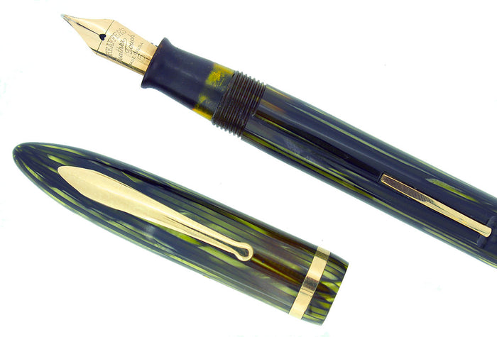 CIRCA 1938 SHEAFFER BALANCE ADMIRAL STRIATED GREEN PEARL FOUNTAIN PEN RESTORED OFFERED BY ANTIQUE DIGGER