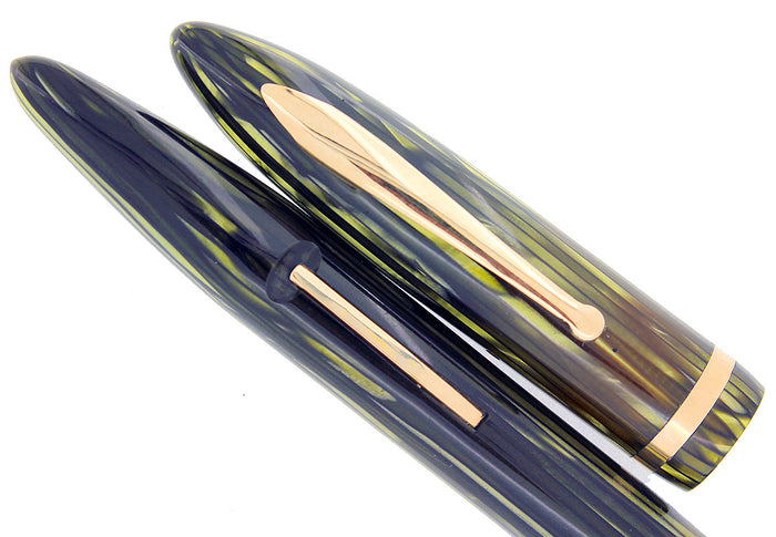 CIRCA 1938 SHEAFFER BALANCE ADMIRAL STRIATED GREEN PEARL FOUNTAIN PEN RESTORED OFFERED BY ANTIQUE DIGGER