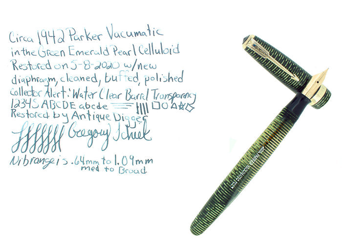 CIRCA 1942 PARKER EMERALD PEARL VACUMATIC MAJOR SIZE FOUNTAIN PEN RESTORED OFFERED BY ANTIQUE DIGGER