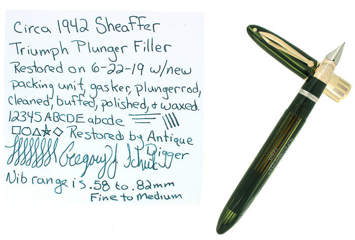 C1942 SHEAFFER TRIUMPH EMERALD PEARL LIFETIME FOUNTAIN PEN PLUNGER FILL RESTORED OFFERED BY ANTIQUE DIGGER