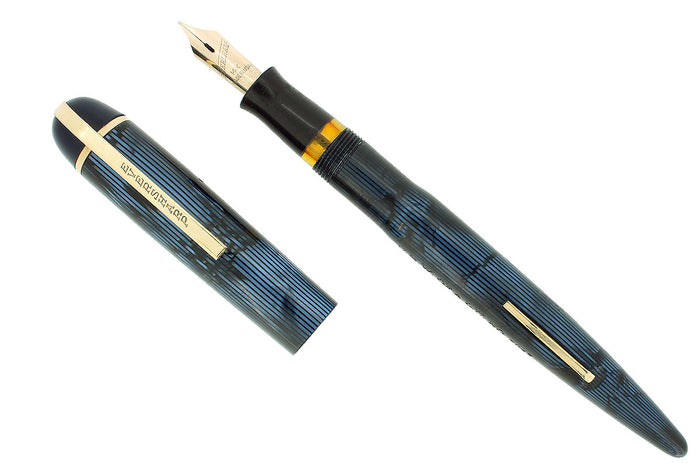 CIRCA 1943 EVERSHARP SKYLINE BLUE MOIRE CELLULOID FOUNTAIN PEN RESTORED OFFERED BY ANTIQUE DIGGER