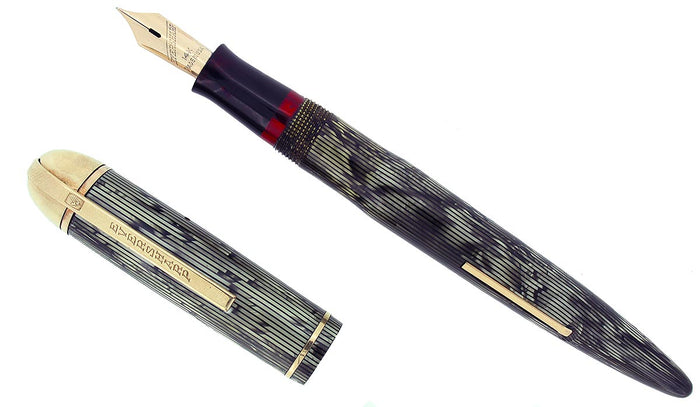 CIRCA 1943 EVERSHARP SKYLINE GRAY MOIRE CELLULOID FOUNTAIN PEN RESTORED OFFERED BY ANTIQUE DIGGER