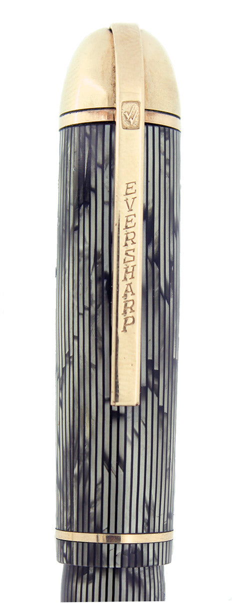 CIRCA 1943 EVERSHARP SKYLINE GRAY MOIRE CELLULOID FOUNTAIN PEN RESTORED OFFERED BY ANTIQUE DIGGER
