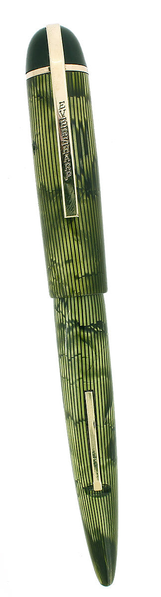CIRCA 1943 EVERSHARP SKYLINE GREEN MOIRE CELLULOID FOUNTAIN PEN RESTORED OFFERED BY ANTIQUE DIGGER