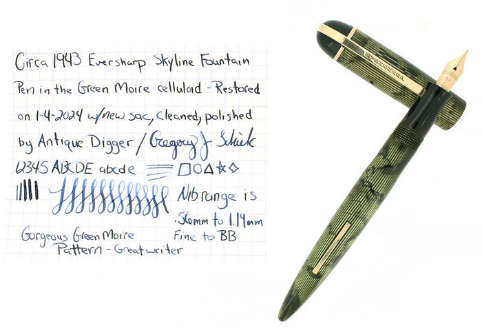 CIRCA 1943 EVERSHARP SKYLINE GREEN MOIRE CELLULOID FOUNTAIN PEN RESTORED OFFERED BY ANTIQUE DIGGER