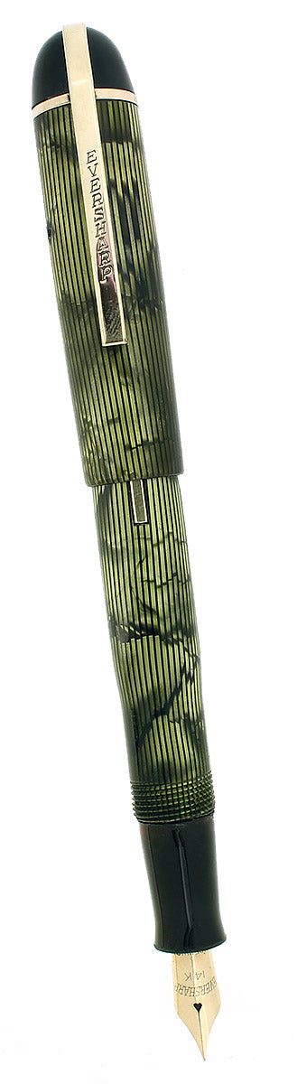 CIRCA 1943 EVERSHARP SKYLINE GREEN MOIRE CELLULOID FOUNTAIN PEN RESTORED OFFERED BY ANTIQUE DIGGER