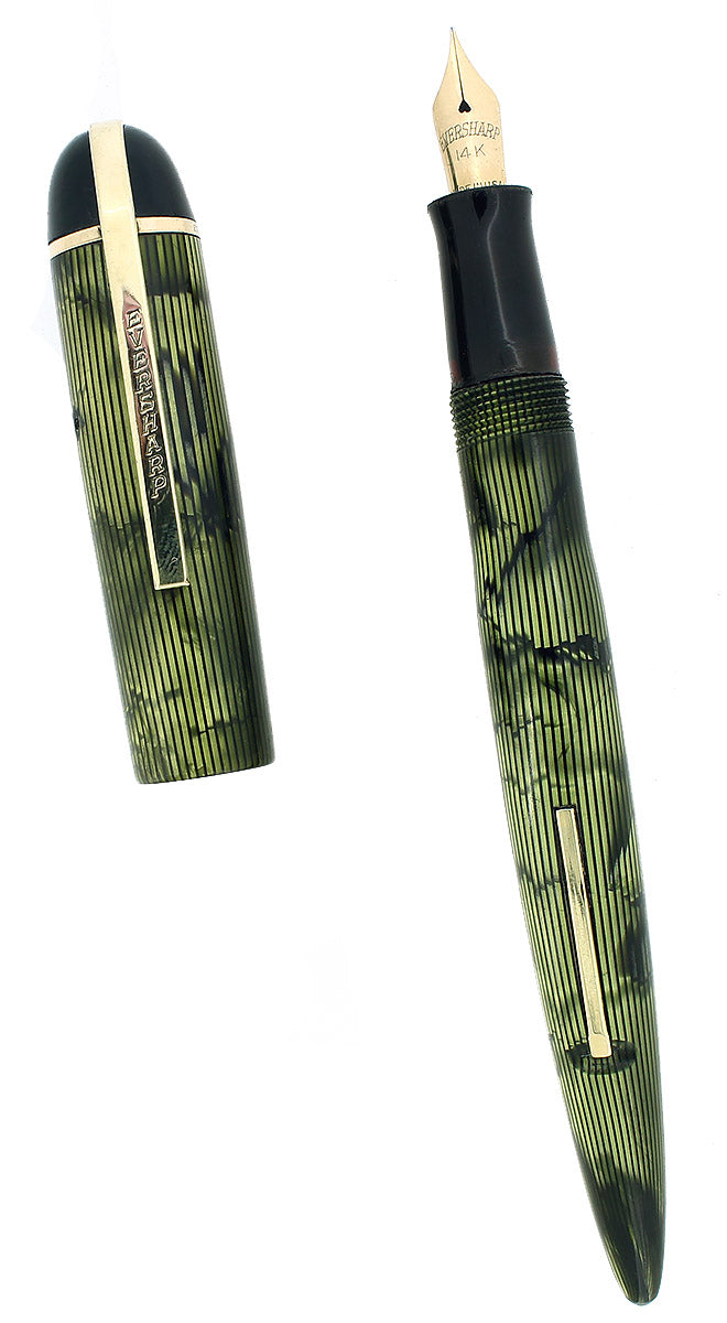 CIRCA 1943 EVERSHARP SKYLINE GREEN MOIRE CELLULOID FOUNTAIN PEN RESTORED OFFERED BY ANTIQUE DIGGER