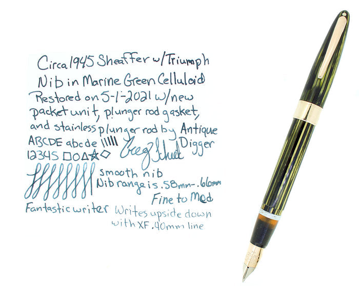 CIRCA 1945 SHEAFFER TRIUMPH 1250 MARINE GREEN LIFETIME BALANCE FOUNTAIN PEN RESTORED OFFERED BY ANTIQUE DIGGER