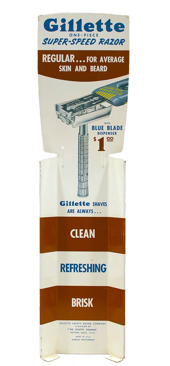 CIRCA 1950s GILLETTE SUPER-SPEED RAZOR METAL ADVERTISING SIGN MINT CONDITION OFFERED BY ANTIQUE DIGGER