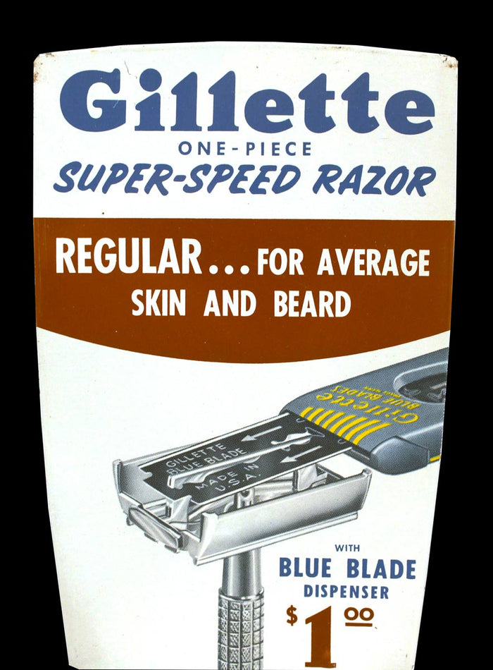 CIRCA 1950s GILLETTE SUPER-SPEED RAZOR METAL ADVERTISING SIGN MINT CONDITION OFFERED BY ANTIQUE DIGGER