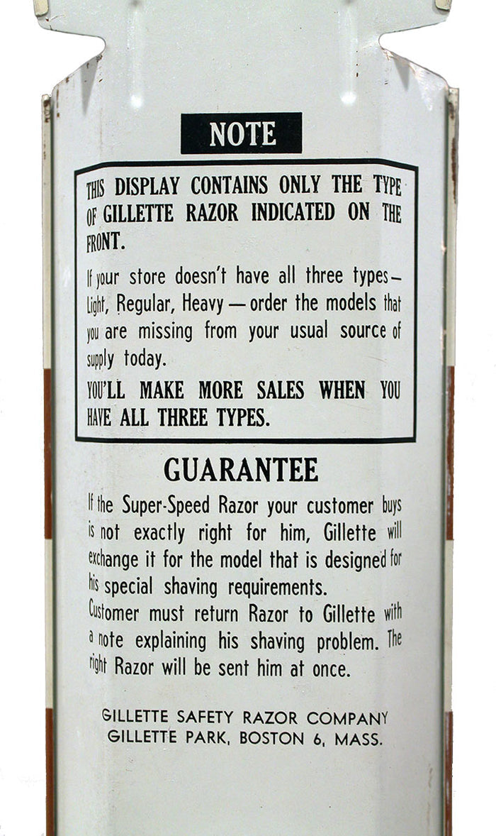 CIRCA 1950s GILLETTE SUPER-SPEED RAZOR METAL ADVERTISING SIGN MINT CONDITION OFFERED BY ANTIQUE DIGGER