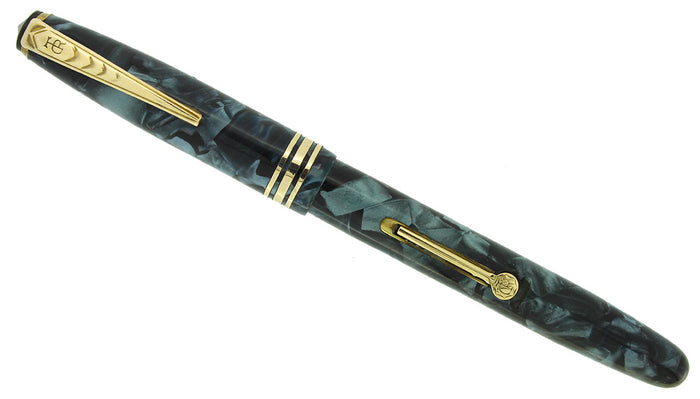 CIRCA 1955 ONOTO DE LA RUE BLUE MARBLED FOUNTAIN PEN ORIG BOX M-BBB FLEX NIB RESTORED OFFERED BY ANTIQUE DIGGER
