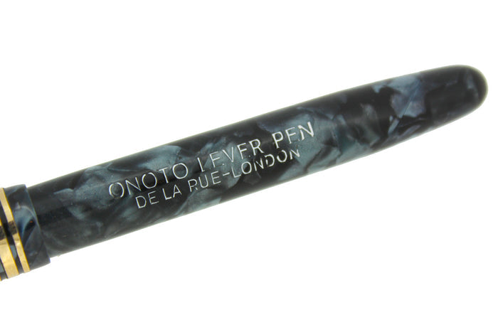 CIRCA 1955 ONOTO DE LA RUE BLUE MARBLED FOUNTAIN PEN ORIG BOX M-BBB FLEX NIB RESTORED OFFERED BY ANTIQUE DIGGER