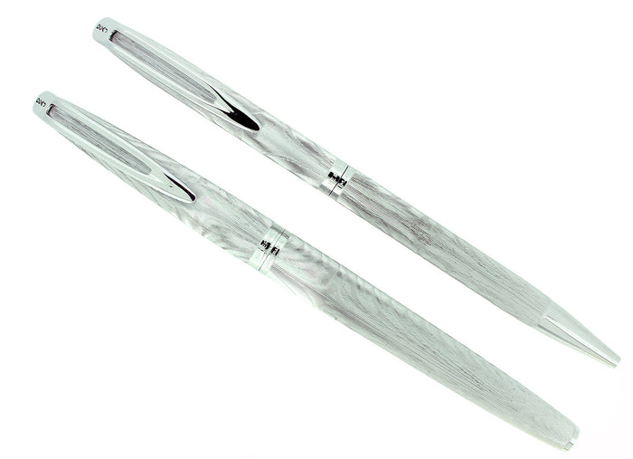 CIRCA 1950s WATERMAN CF FOUNTAIN PEN & BALLPOINT PEN SET SILVER MOIRE PATTERN OFFERED BY ANTIQUE DIGGER