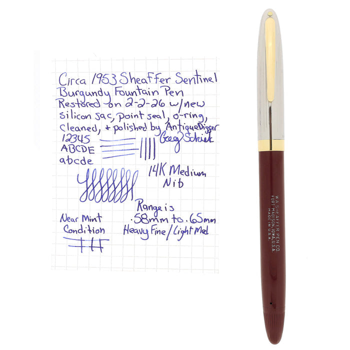 CIRCA 1953 SHEAFFER SENTINEL SNORKEL BURGUNDY 14K FINE NIB FOUNTAIN PEN RESTORED OFFERED BY ANTIQUE DIGGER
