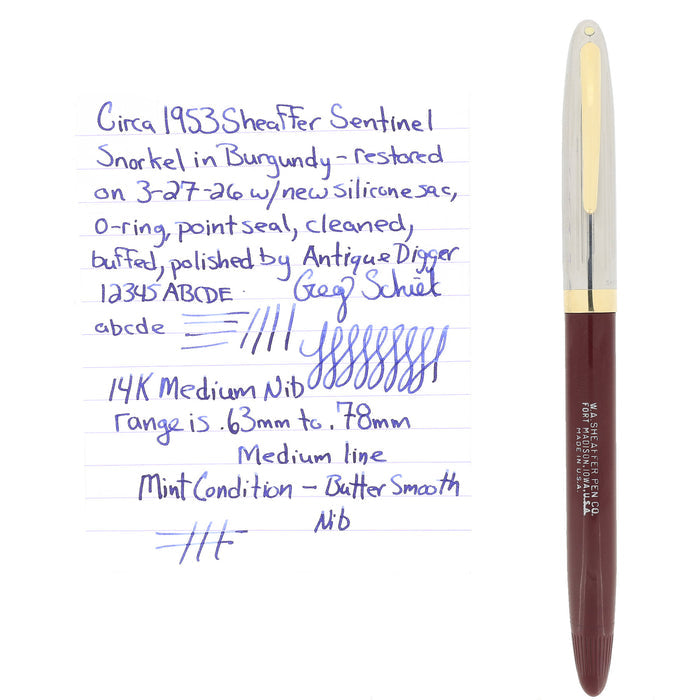 CIRCA 1953 SHEAFFER SENTINEL SNORKEL BURGUNDY 14K MEDIUM NIB FOUNTAIN PEN RESTORED OFFERED BY ANTIQUE DIGGER