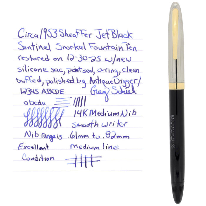 CIRCA 1953 SHEAFFER SENTINEL SNORKEL JET BLACK 14K MEDIUM NIB FOUNTAIN PEN RESTORED OFFERED BY ANTIQUE DIGGER