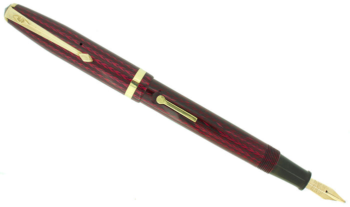 CIRCA 1956 CONWAY STEWART RED HERRINGBONE CELLULOID M - BBB FLEX NIB FOUNTAIN PEN RESTORED OFFERED BY ANTIQUE DIGGER