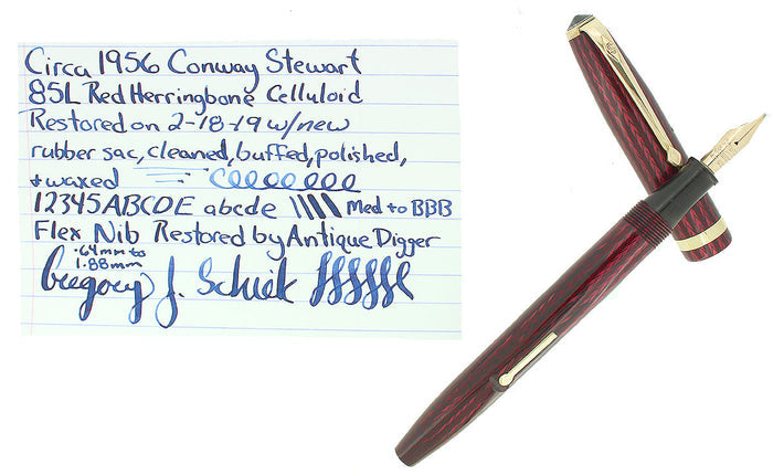 CIRCA 1956 CONWAY STEWART RED HERRINGBONE CELLULOID M - BBB FLEX NIB FOUNTAIN PEN RESTORED OFFERED BY ANTIQUE DIGGER