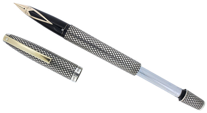 CIRCA 1970 SHEAFFER STERLING SILVER IMPERIAL TOUCHDOWN FOUNTAIN PEN DIAMOND DESIGN RESTORED OFFERED BY ANTIQUE DIGGER