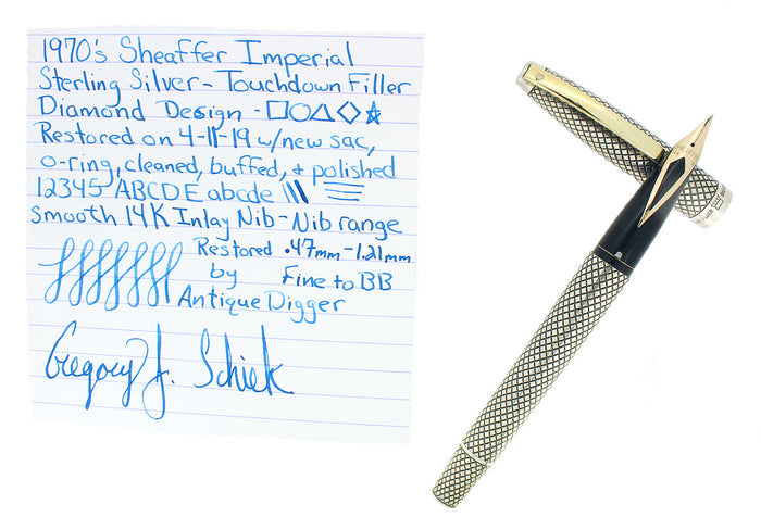 CIRCA 1970 SHEAFFER STERLING SILVER IMPERIAL TOUCHDOWN FOUNTAIN PEN DIAMOND GRID DESIGN RESTORED OFFERED BY ANTIQUE DIGGER