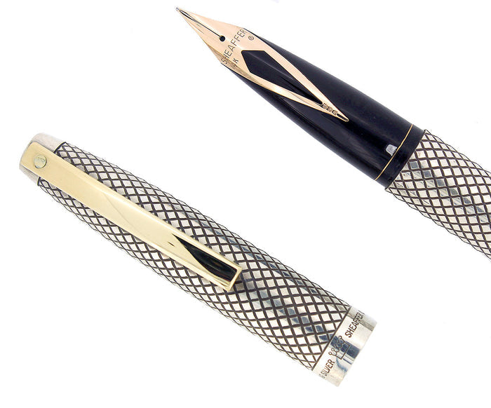 CIRCA 1970 SHEAFFER STERLING SILVER IMPERIAL TOUCHDOWN FOUNTAIN PEN DIAMOND GRID DESIGN RESTORED OFFERED BY ANTIQUE DIGGER