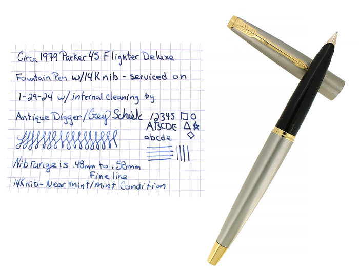 CIRCA 1979 PARKER 45 FLIGHTER DELUXE STAINLESS STEEL FOUNTAIN PEN OFFERED BY ANTIQUE DIGGER