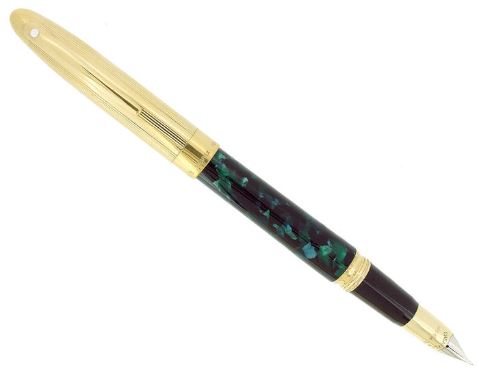 C1996 SHEAFFER CREST OPALITE GREEN GOLD CAP 18K F NIB FOUNTAIN PEN NEVER INKED OFFERED BY ANTIQUE DIGGER