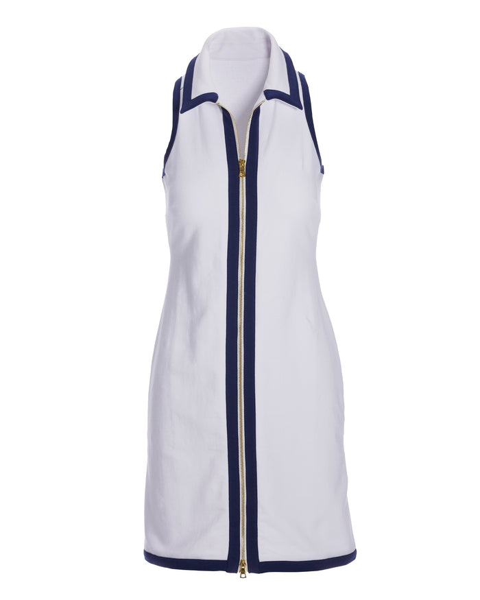 Collared Zip Color Block French Terry Dress White Navy